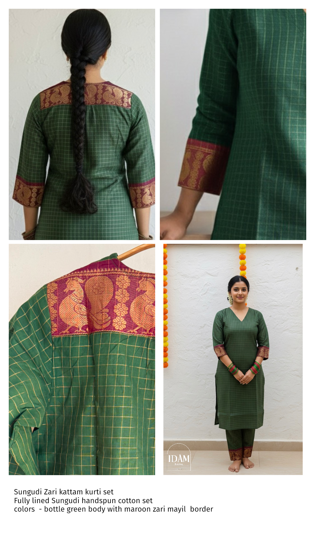 Vanappu — Green & Red Sungudi Zari Kattam Kurti Set
Forest-Green Handspun Cotton with Ruby-Red Zari Mayil Borders & Kattam Checks ✨
Handwoven in Madurai • Fully Lined • Free USA Shipping • Ready to Ship ✅