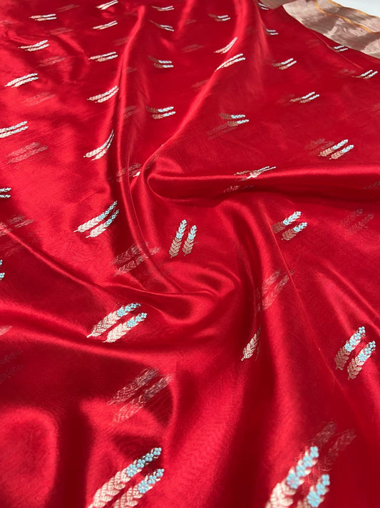 Pure silk chanderi in red and gold with rice stalk Zari motif 🌾