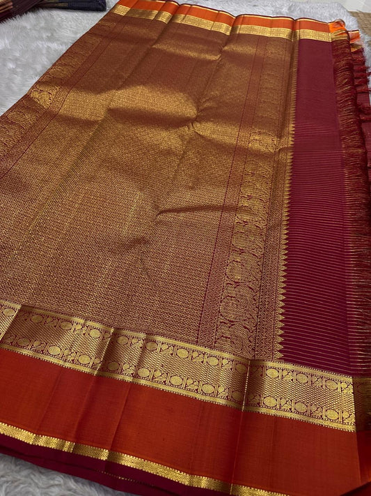 Maroon Pure Kanchipuram Silk Saree – Zari Kattam with Traditional Gold Zari Border