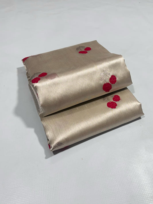 Pure silk Chanderi handloom in pleasant milk cream with twin flower zari butta and pink Mina