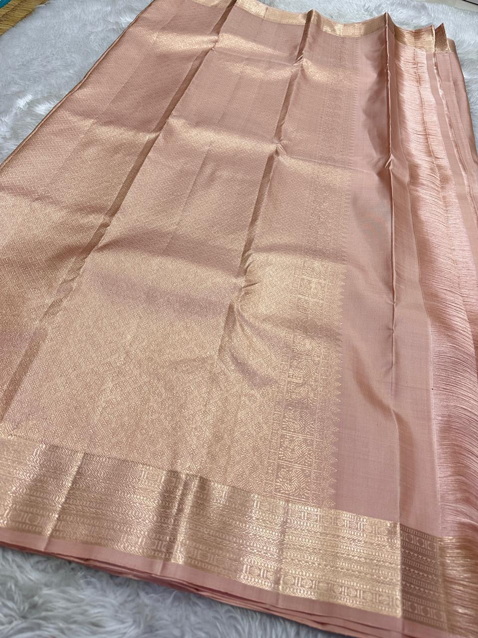 Vibha pastel pink Pure Kanchipuram Silk Saree Blending the Grandeur of South Indian Weaving with Paithani-Inspired Floral Zari Borders and a Lustrous Rose Gold zari Pallu