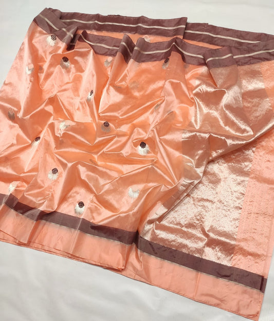 Peach Bloom – Pure Chanderi Silk Saree with Coffee Borders & Floral Resham Buttas | Tissue Pallu | Ships in Two Weeks