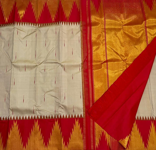 Vermillion Venpattu Ettukol — Pure Kanchipuram Silk 
Ivory venpattu body with fine red temple -motifs in ettukol weaving 
Vermilion-red &gold korvai temple (reku) borders
Mullai moggu woven motifs on body  
Silk Mark Certified | Free Shipping within US