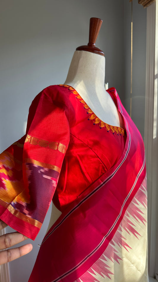 "shree" collection - pure silk embroidery blouse with chosen motifs in ikat silk orange red and purple