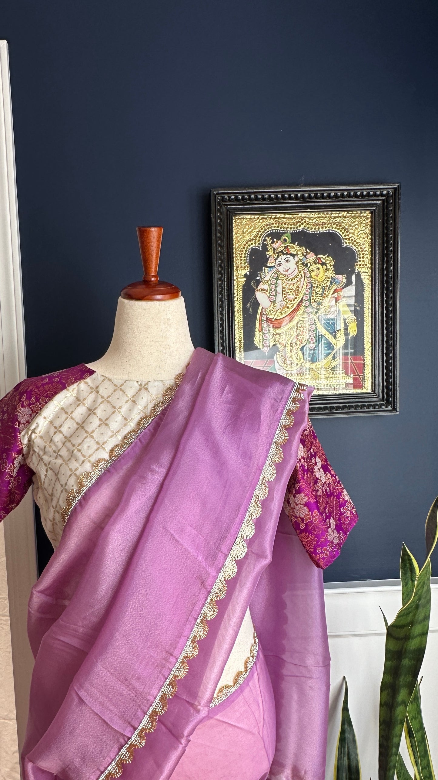 "Rita" collection - Pure silk banarasi blouse with pure tissue silk saree set in lavender and cream