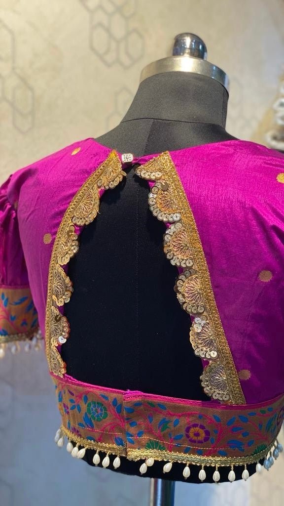 Purple Paithani semi silk blouse front view with woven peacock motif detail