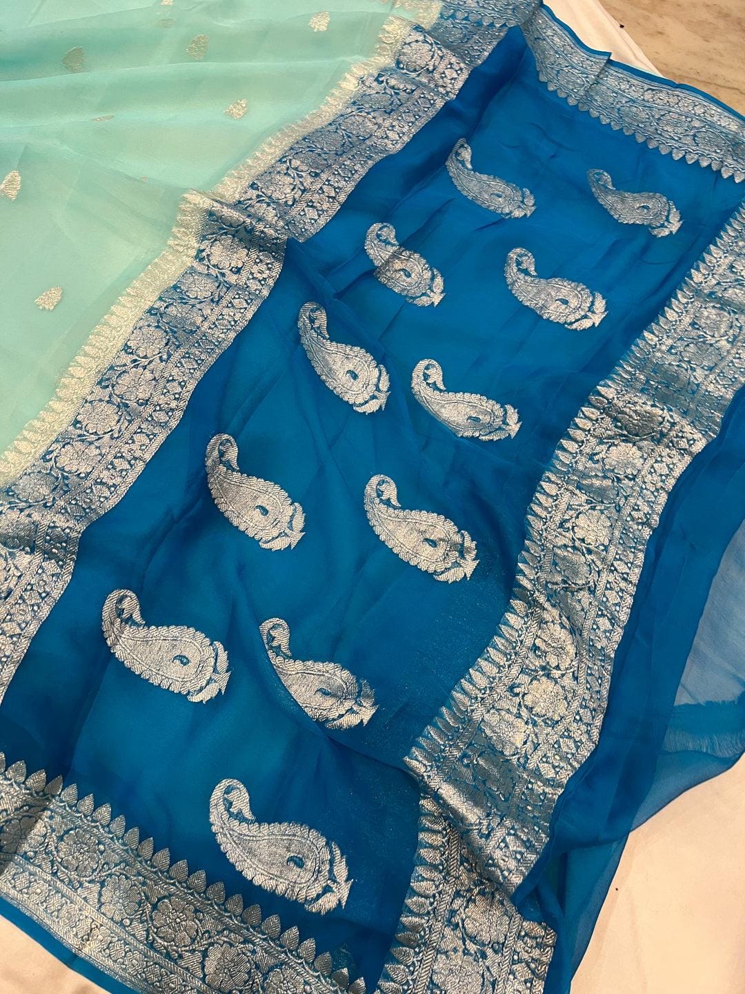 Pure khaddi chiffon handloom kadhua banarasi saree - mint & teal Green