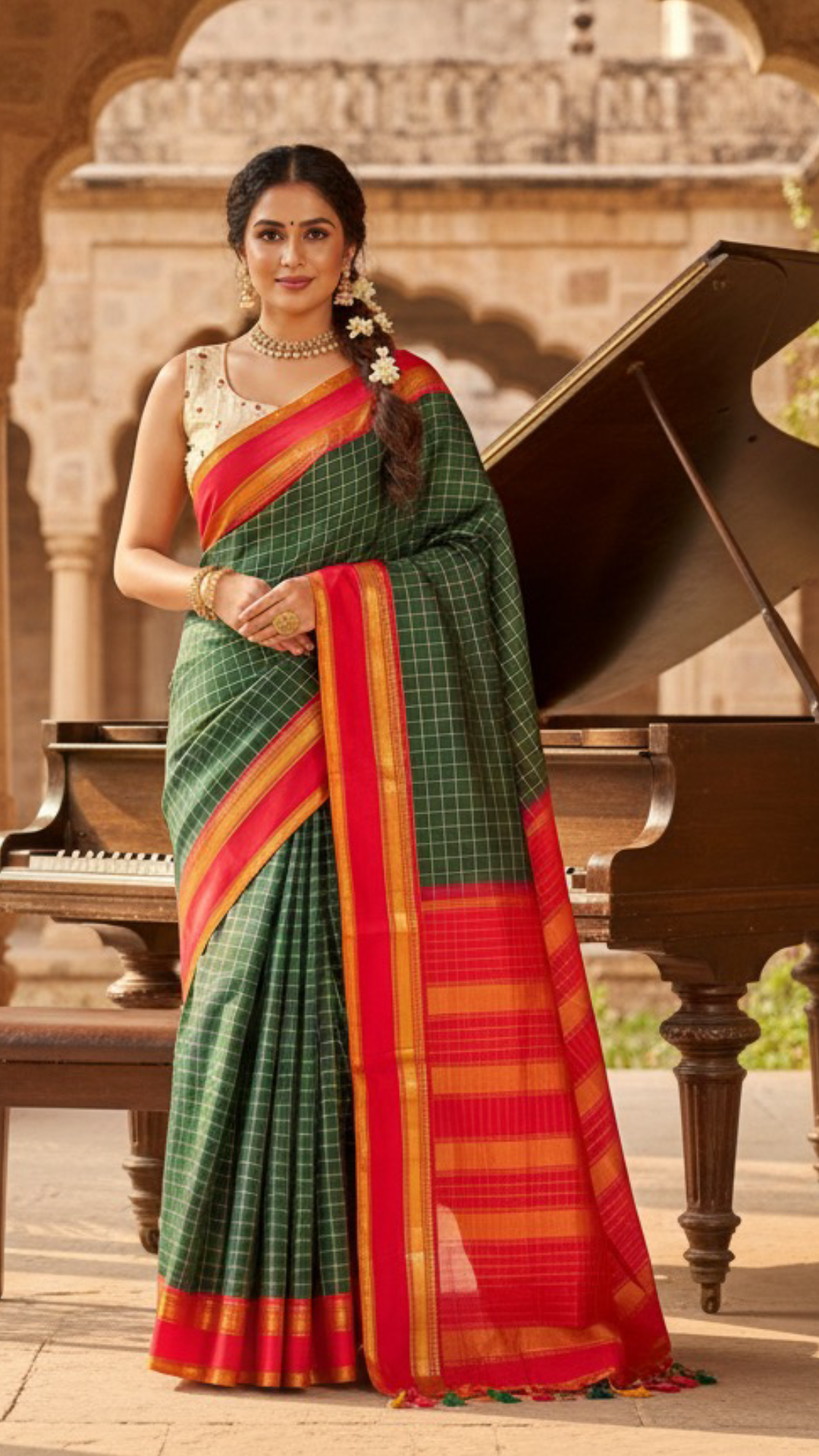 Verdant Blaze Korvai – Pure Silk Kanchipuram Saree
Deep Green Checked Body with Contrast Red Border ✨
Mustard Selvedge Highlight for a Striking Edge 🌼
Rich Gold Zari Borders & Traditional Korvai Weave 💛
Silk Mark Certified | ships in2 weeks