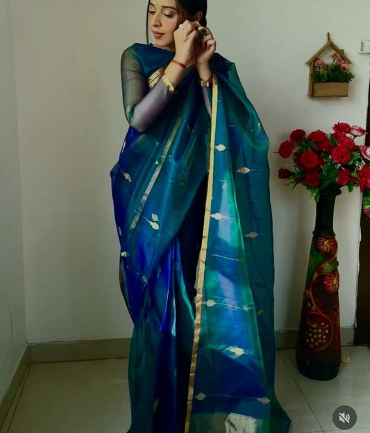 Pure silk Chanderi peacock blue gold butti handloom saree