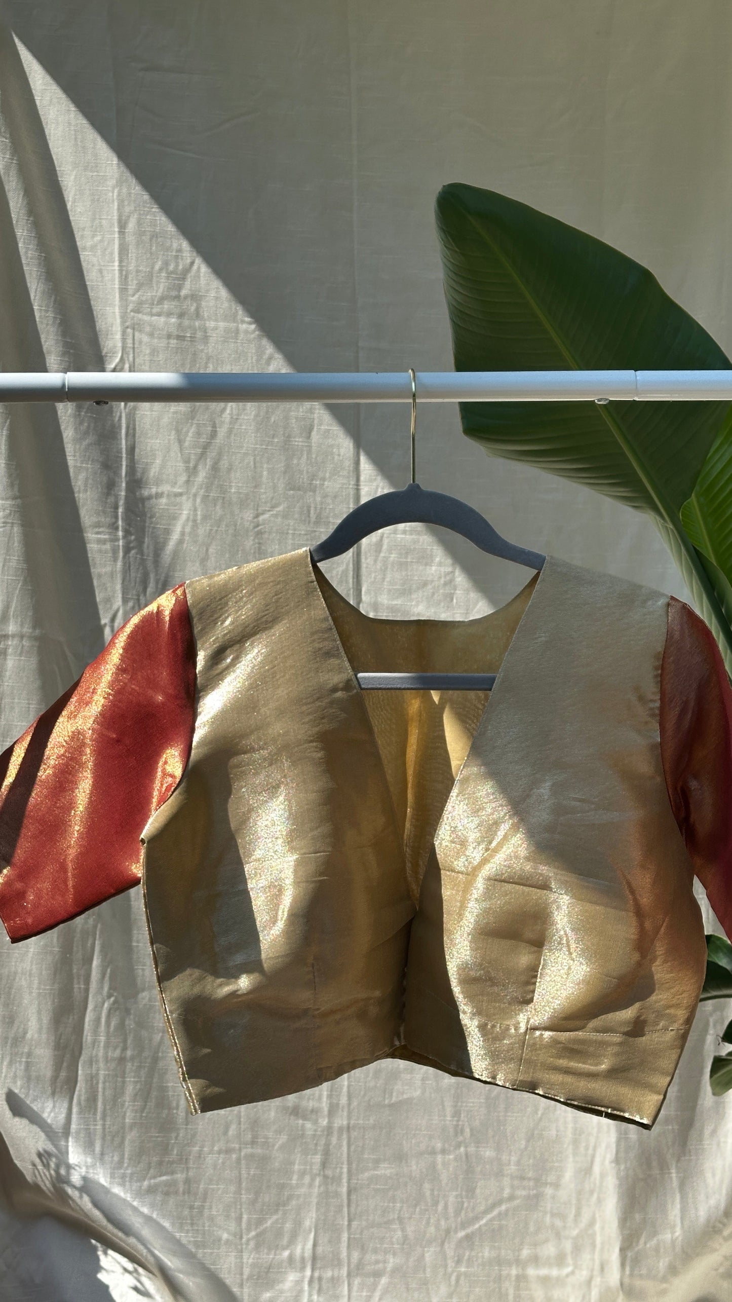 "Reva" collection - pure tissue silk blouse in gold and copper sleeves