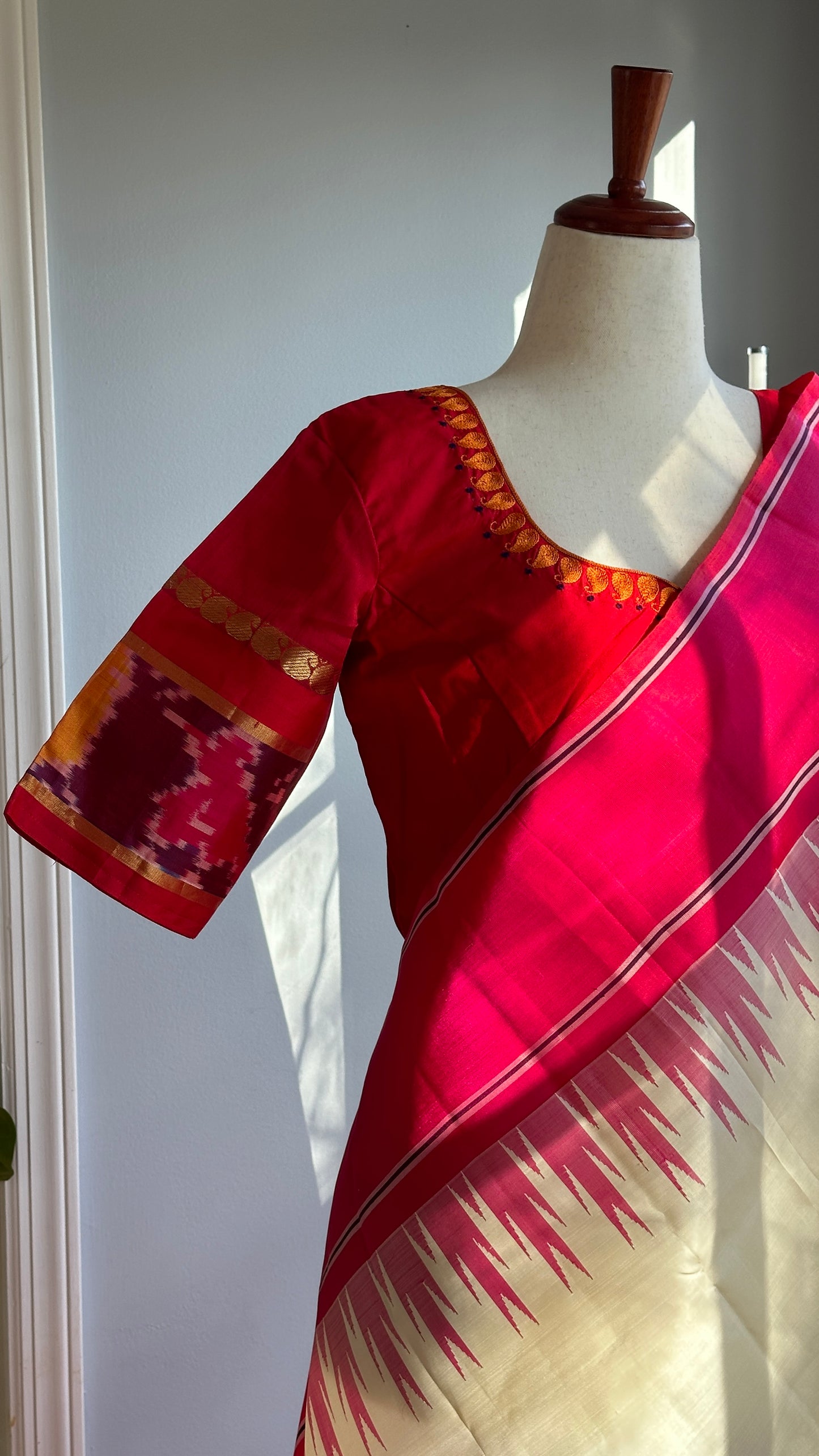 "shree" collection - pure silk embroidery blouse with chosen motifs in ikat silk orange red and purple