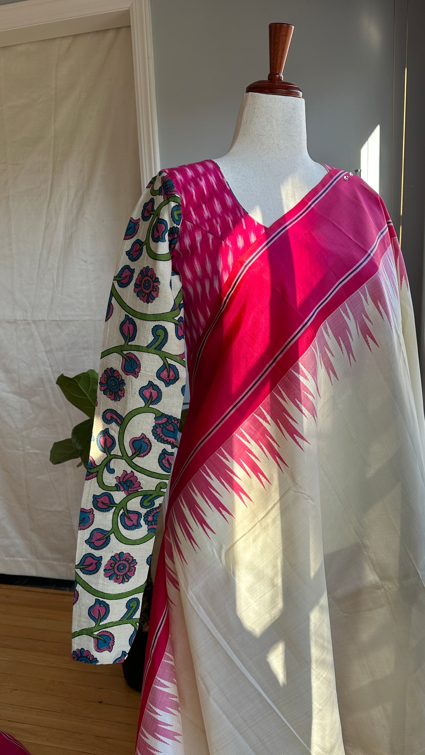"Charu" collection - Ikat and kalamkari blouse in pink,green and white