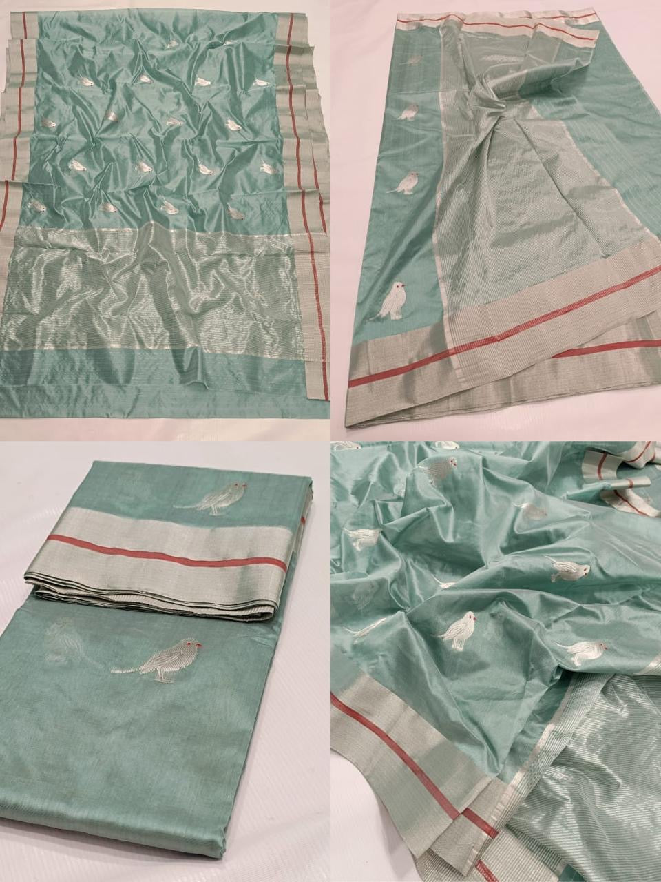 Chidiyaa 🌼✨
Pure Silk Chanderi Handloom Aqua Saree
Ice Blue Mina & Intricate Zari Buttas All Over
Contrasting Selvedge with Luxurious Zari Pallu
Fall & Pico Done | Blouse Attached | Stitching Available
