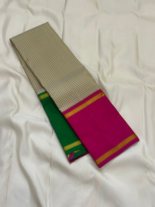 Ivory micro-checks with vibrant rani-pink korvai border & parrot-green blouse ✨
Silk Mark Certified • Fall & Pico Done • Free USA Shipping • Ships in 2 Weeks ✅
