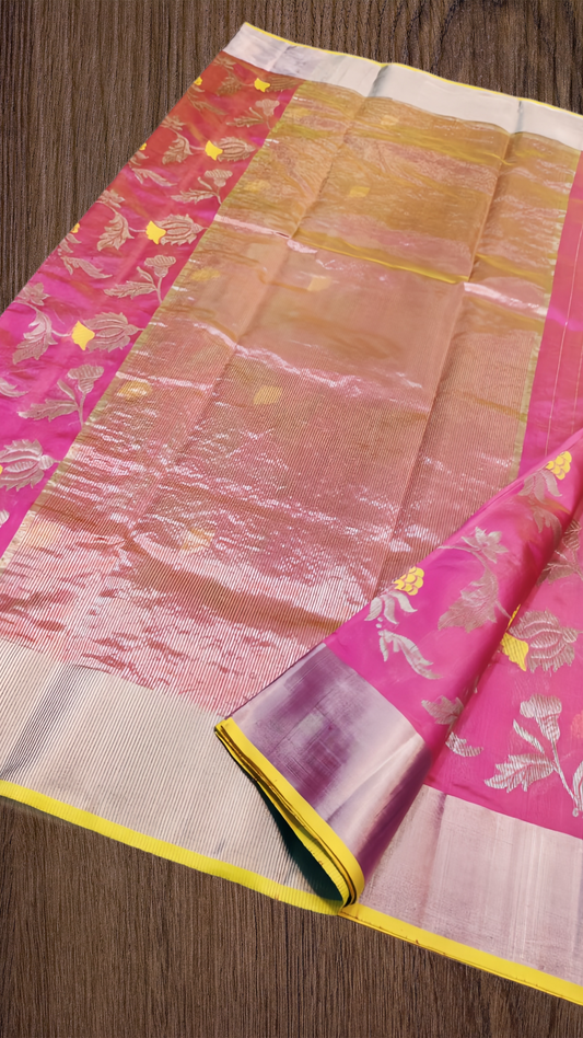 Pure silk Chanderi Pink and yellow butti saree- all over jaal
