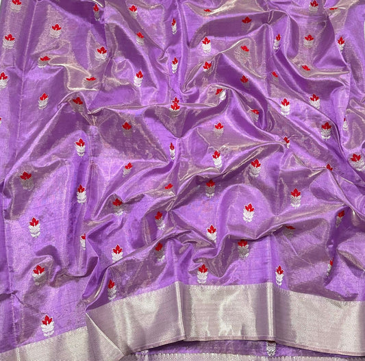 Lavender and red pure katan chanderi tissue silk saree handloom