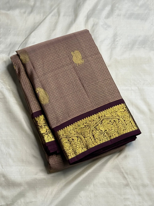 Zari kattam gold zari grid on warm chikoo Kanjivaram pure silk saree body — Idam Living