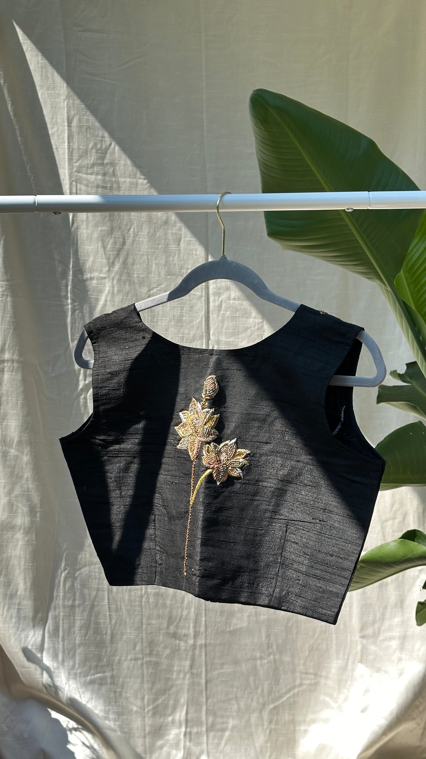 "zoya" collection - Pure raw silk ( 100gms) embroidered blouse in gold, silver and copper zardosi in black