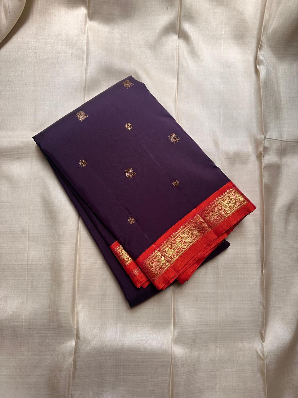 Aubergine &’Orange pure silk pure Zari 3g petite border Kanchipuram saree
