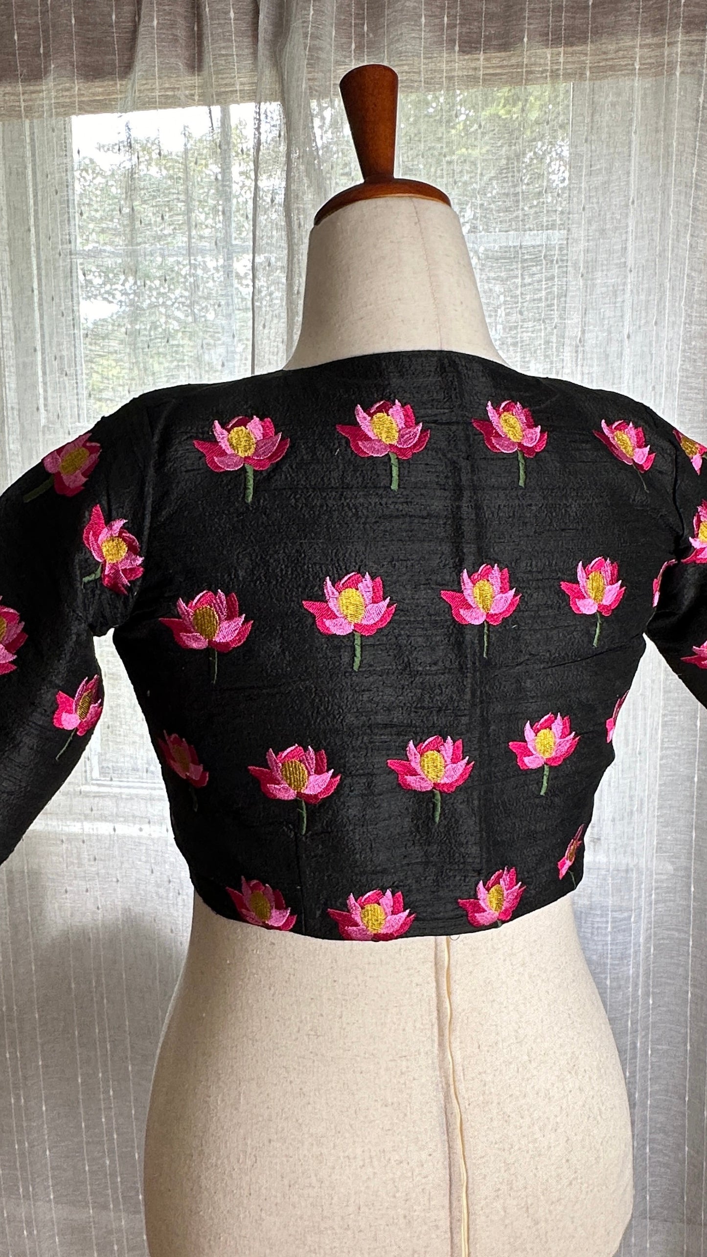 "Kamala" collection - pure raw silk blouse embroidered with lotus motifs in black