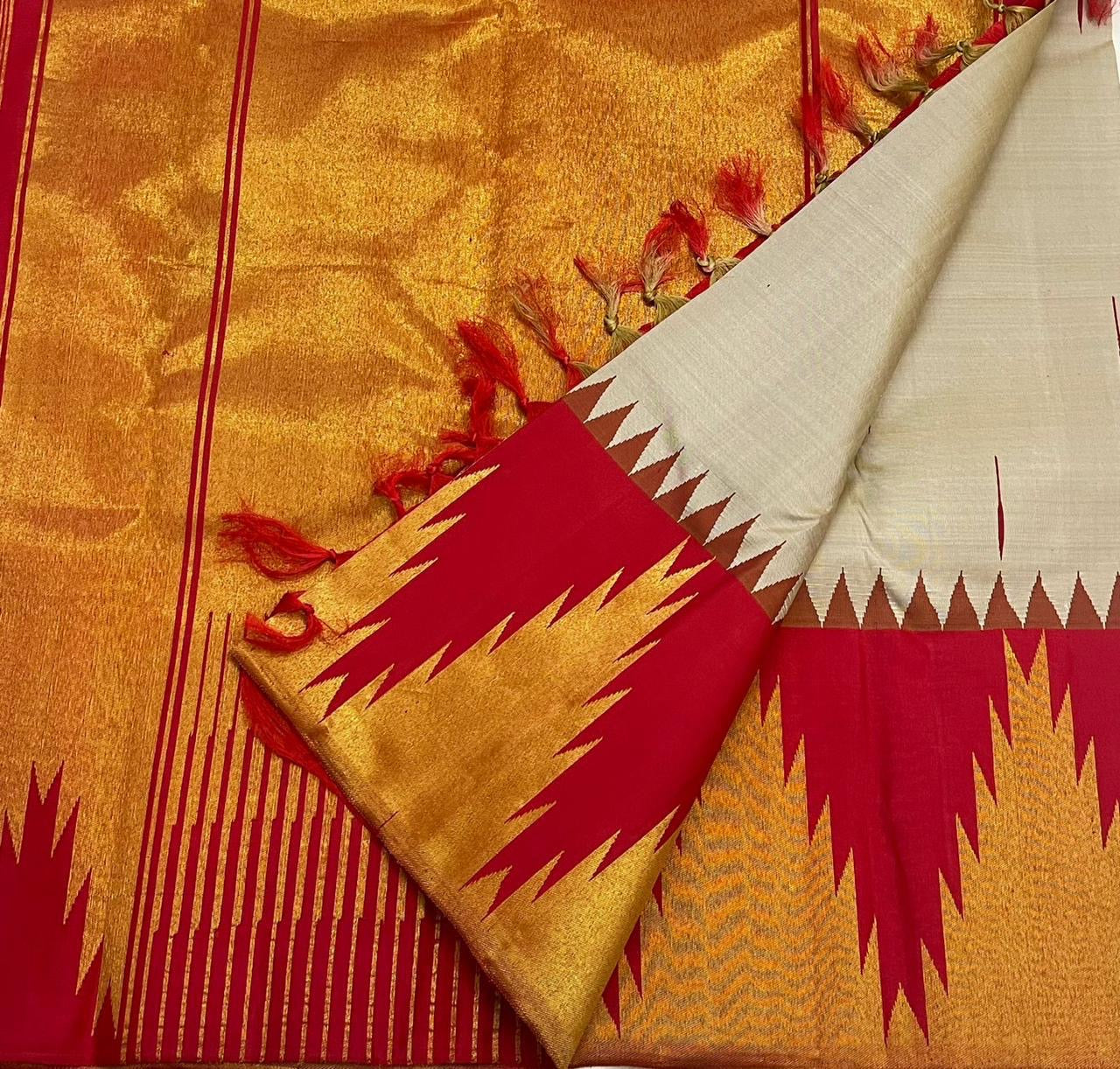 Vermillion Venpattu Ettukol — Pure Kanchipuram Silk 
Ivory venpattu body with fine red temple -motifs in ettukol weaving 
Vermilion-red &gold korvai temple (reku) borders
Mullai moggu woven motifs on body  
Silk Mark Certified | Free Shipping within US