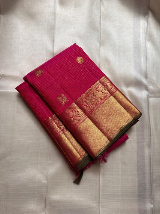 Raja Rangu Kattam: shot color  Rani Pink Pure Silk Kanchipuram with Gold Zari Checks and Temple Border
Silk Mark Certified for Quality Assurance, Enjoy Free Shipping within USA.
Ready to Ship in 1 Week