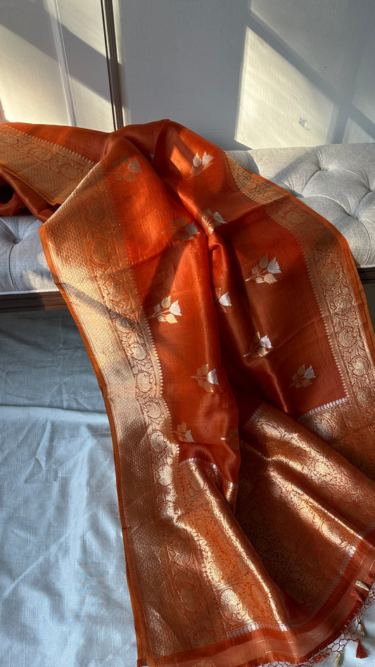 Pre order Pure Kora silk Banarasi saree - kadhwa - golden Amber,Orange ( ships in 2 weeks )