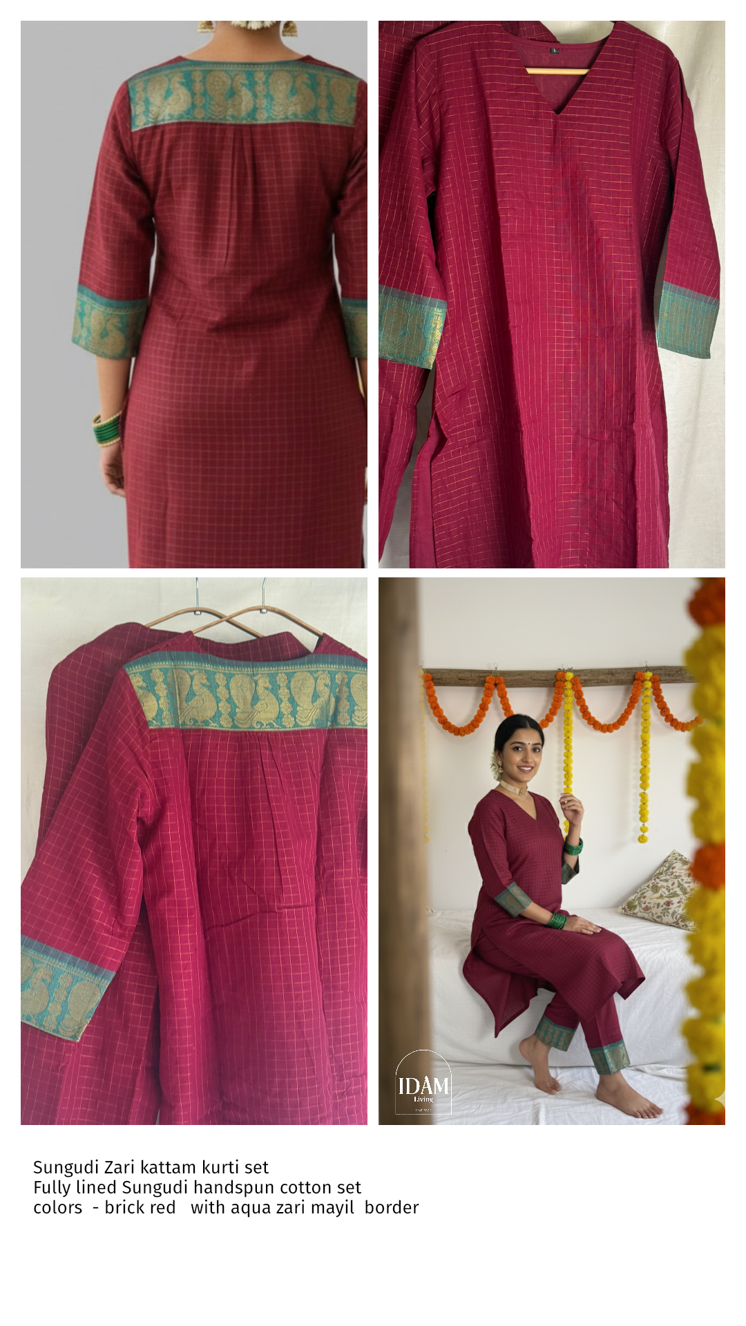 Vanappu — Red & Aqua — Sungudi Zari Kattam Kurti Set
Brick Red Handspun Cotton with Aqua Zari Mayil Border ✨ • Fully Lined with pure cotton • Free USA Shipping • ready to ship ✅