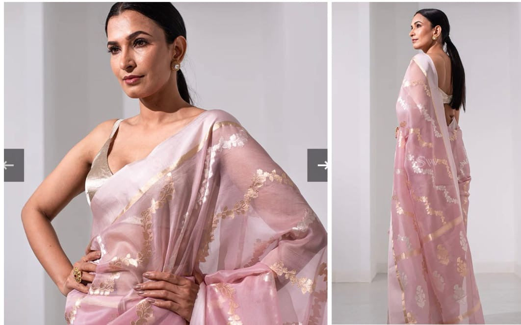 Pink Floss Chanderi Silk Saree with All-Over Sona Roopa Jaal in Gold & Silver Zari – Lightweight, semi Sheer, and Elegantly Handwoven