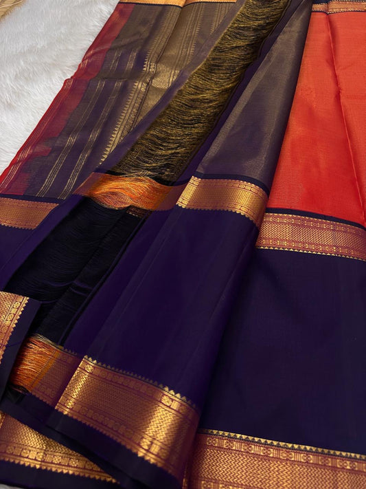 Orange Vairaoosi with Purple Border – Pure Silk Kanchipuram Saree
Silk Mark Certified • Fall & Pico Done • Blouse Attached / Stitching Available ($30)
Free Shipping within USA • Ready to Ship