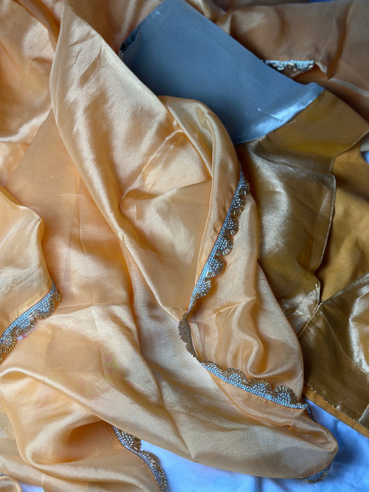 "Rita" collection - Pure tissue silk banarasi blouse with pure tissue silk saree set in gold silver and yellow