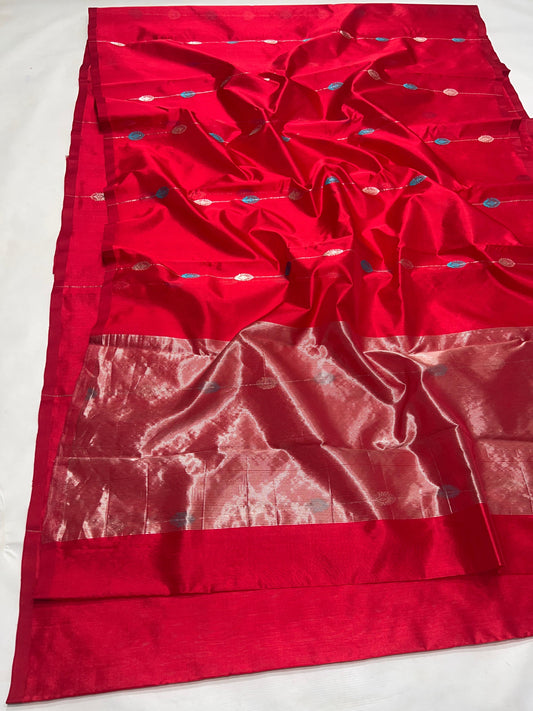 Ruby crimson Chanderi saree with turquoise buti detail