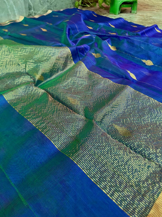 Pure silk Chanderi peacock blue gold butti handloom saree