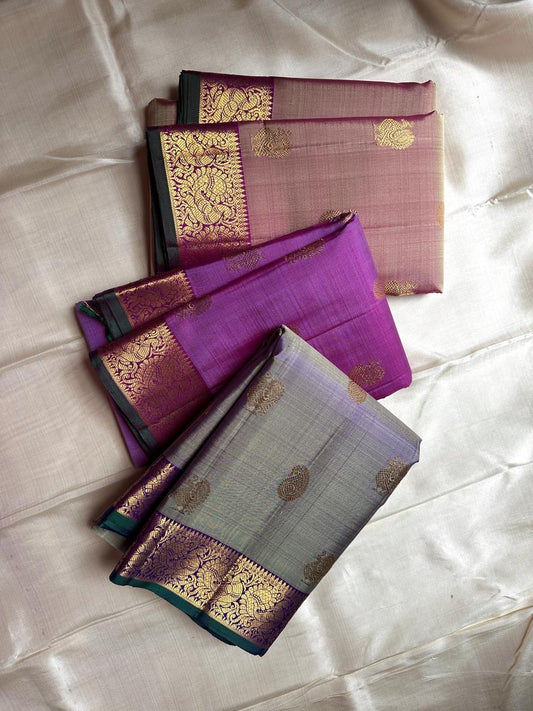 Amethyst Lustre Purple
Pure Kanchipuram Handloom Silk Saree
Golden Zari Peacocks • Heirloom Grandeur
