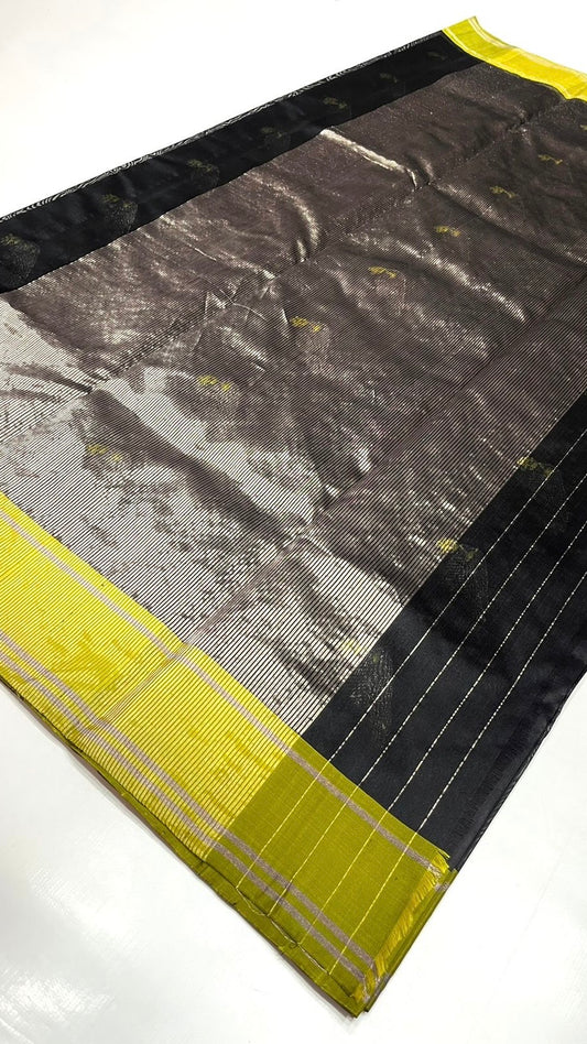 Pure silk Chanderi handloom black and chartreuse saree