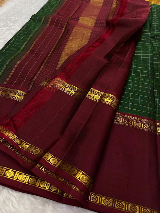 Pure silk kanchipuram saree green kattam checks with rettapet maroon  border ganga jamuna zari kattam
