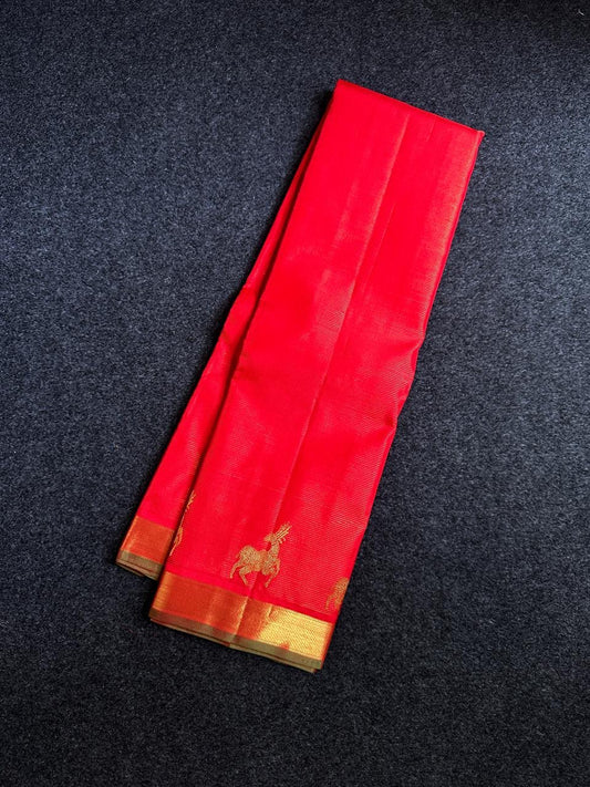 Red Glimmering Deer Vairaoosi — Pure Silk Kanchipuram Saree
Kumkum red vairaoosi with antique-gold deer buttas & kaddi zari border.
Silk Mark Certified · Free USA Shipping · Ships in 2 Weeks ✨