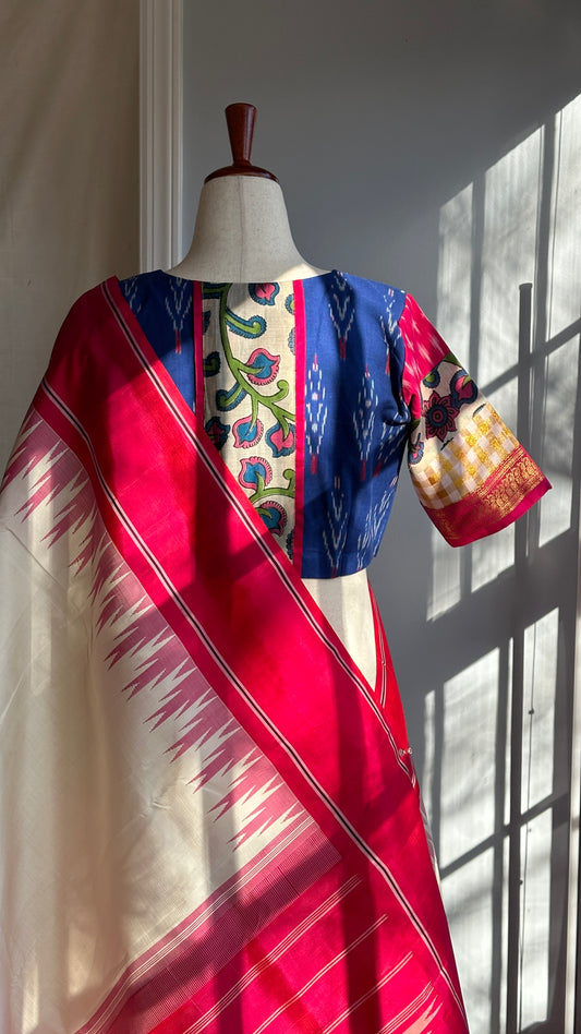 "Charu" collection - Ikat, kalamkari kasavu with zari border blouse