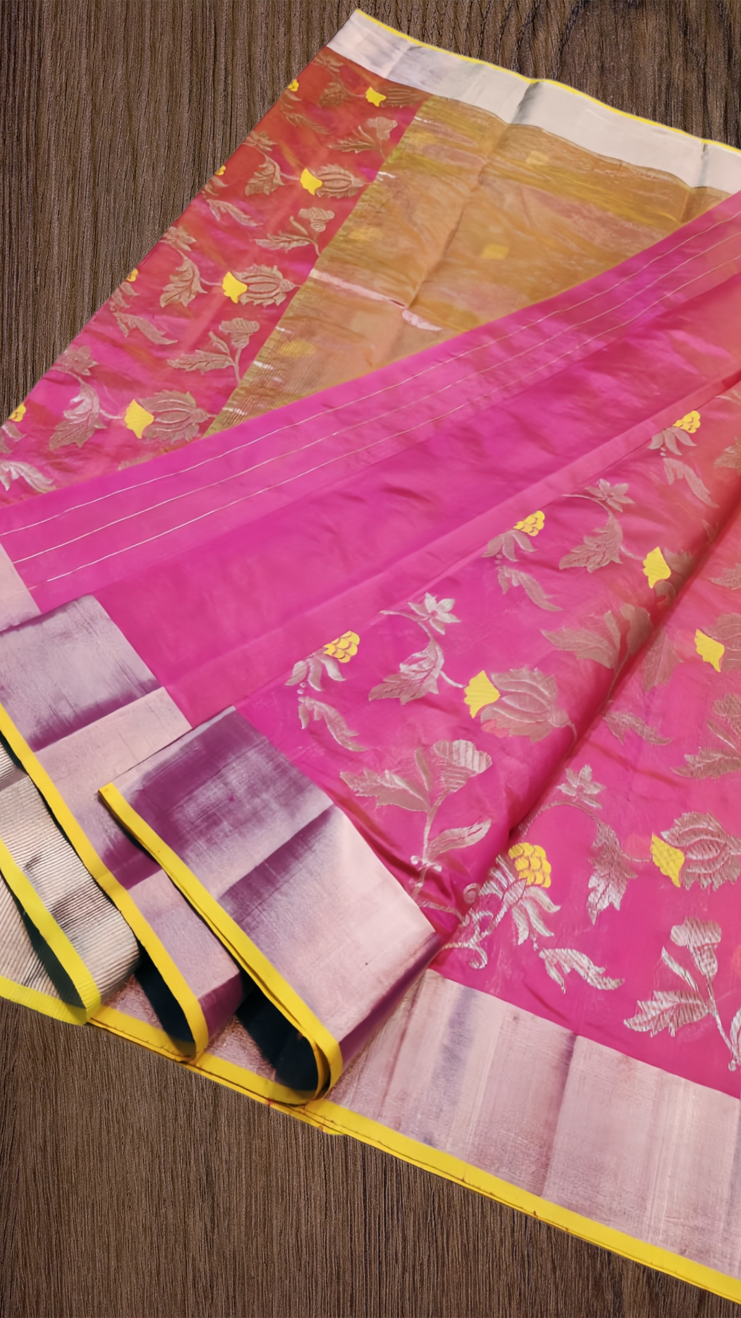 Pure silk Chanderi Pink and yellow butti saree- all over jaal