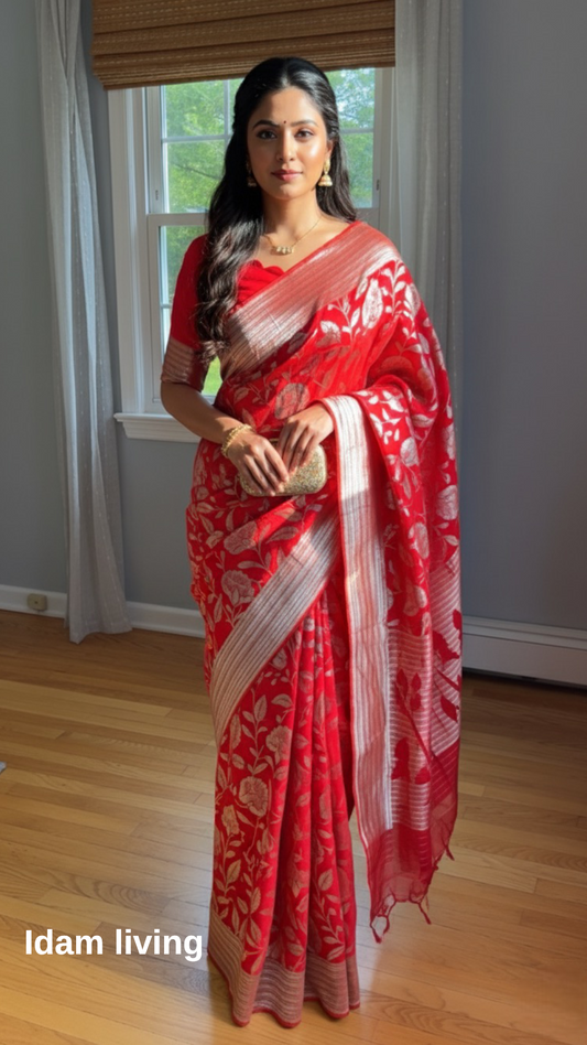 Radiant Red Banarasi Elegance ✨
With Gold Zari Floral Jaal & Striped Body 🌸
A Lustrous Semi-Georgette Weave 💫
Lightweight, Graceful & Timelessly Festive 🎉
| Ready to Ship ✅