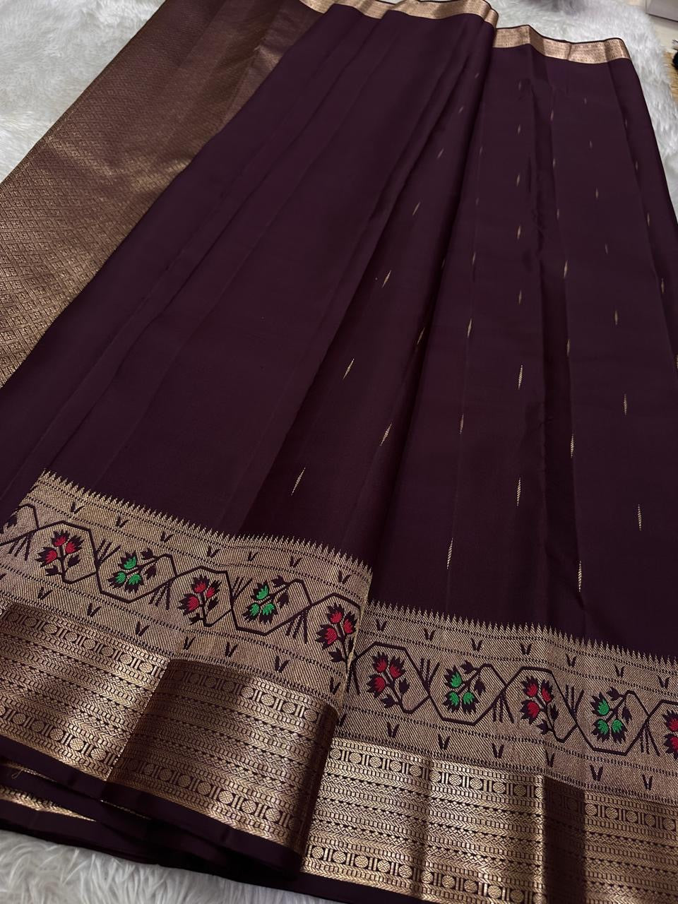 Vibha coffee Brown Pure Kanchipuram Silk Saree Blending the Grandeur of South Indian Weaving with Paithani-Inspired Floral Zari Borders and a Lustrous Rose Gold zari Pallu