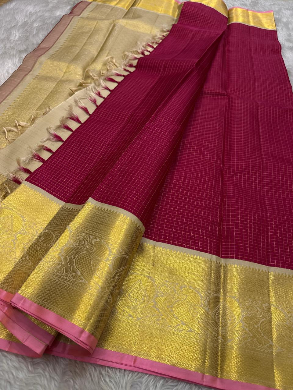 Senthamarai – Deep Cherry Red Zari Kattam Pure Kanchipuram Silk Saree with Biscuit Beige Border, Pink Peacock Motifs & Zari Striped Blouse (Silk Mark Certified)