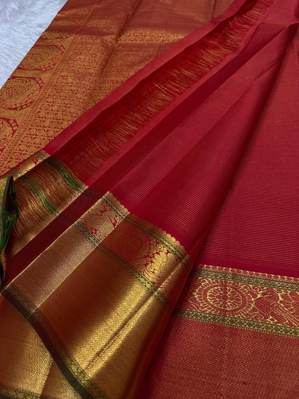 Nitya – Vibrant Red Pure Silk Kanchipuram Saree with Gold Vaira Oosi Stripes & Majestic Mayil Kamalam Border