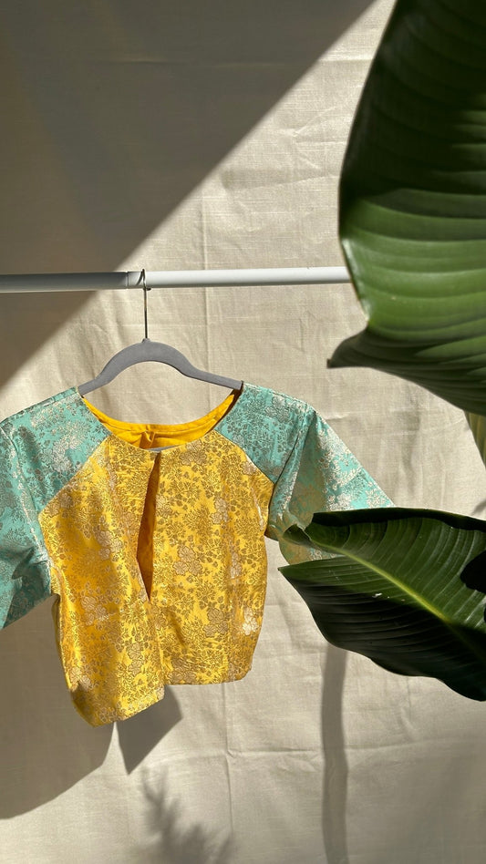 "Rita" collection Banarasi semi silk blouse - ice blue and yellow