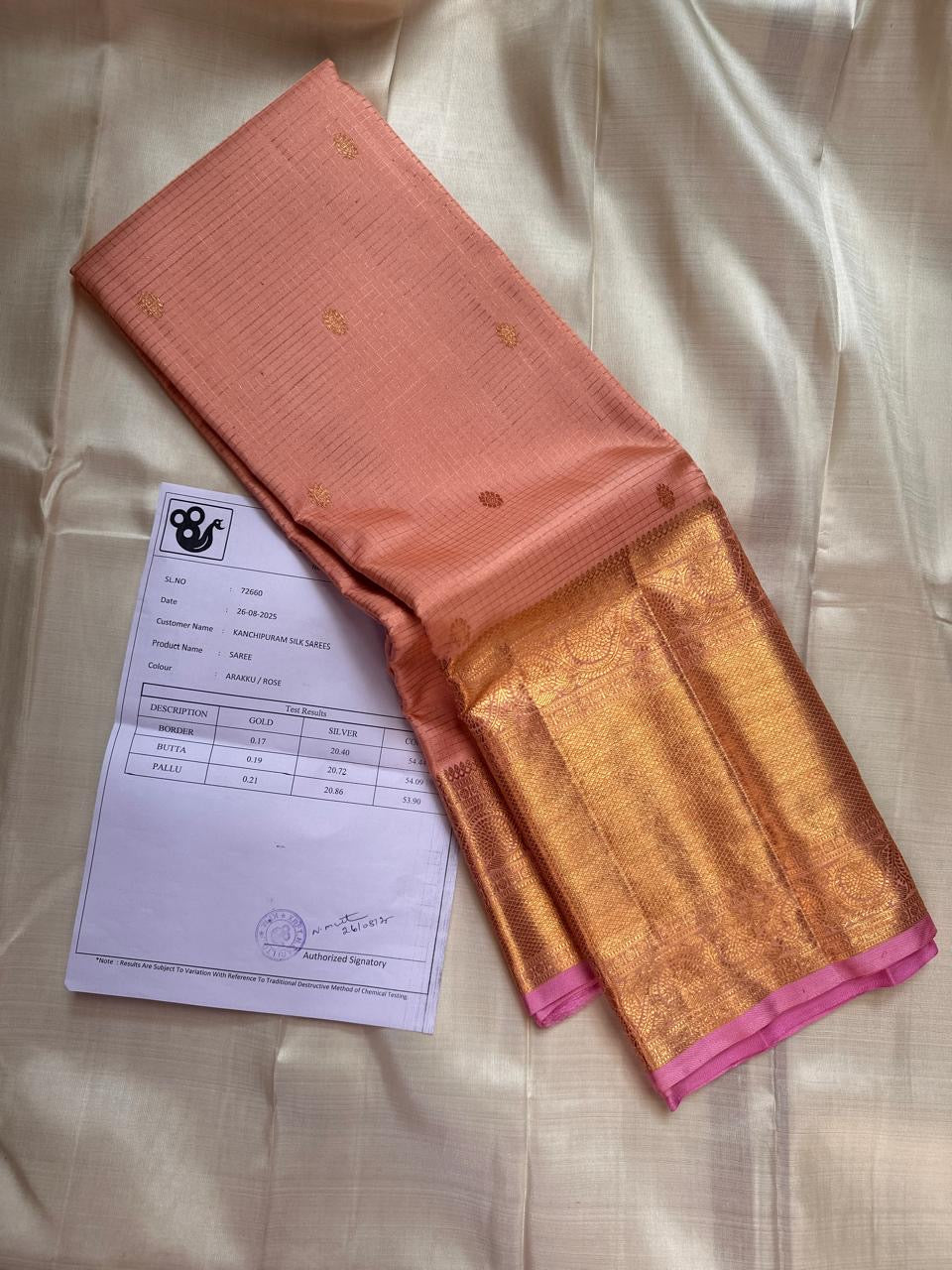 Peach Rose – Pure Korvai Kanchipuram Silk Saree
Peach body with gold coin buttas & pure 4G zari korvai border
Contrast rose pink pallu with grand pure zari weaving
Silk Mark Certified | Fall & Pico Done | Blouse Stitching Available ($30)
Free Shipping