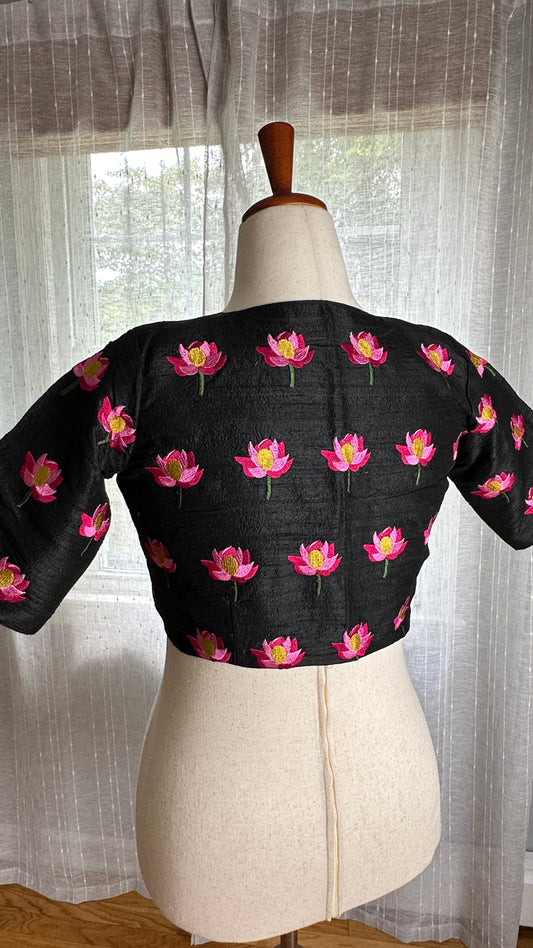 "Kamala" collection - pure raw silk blouse embroidered with lotus motifs in black- some sizes are ready to ship / ships in 2 weeks