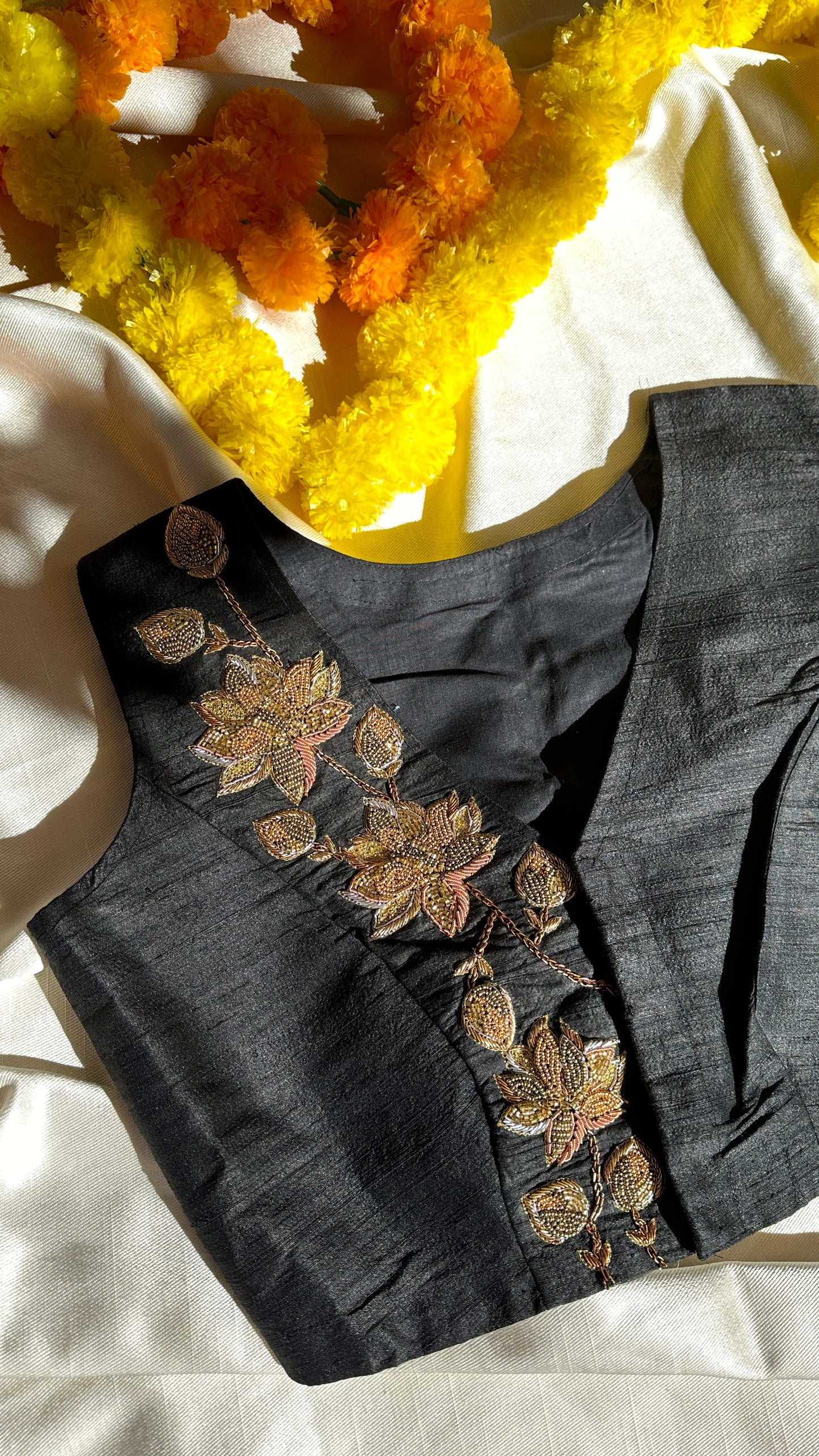 "zoya" collection - Pure raw silk ( 100gms) embroidered blouse in gold, silver and copper zardosi in black