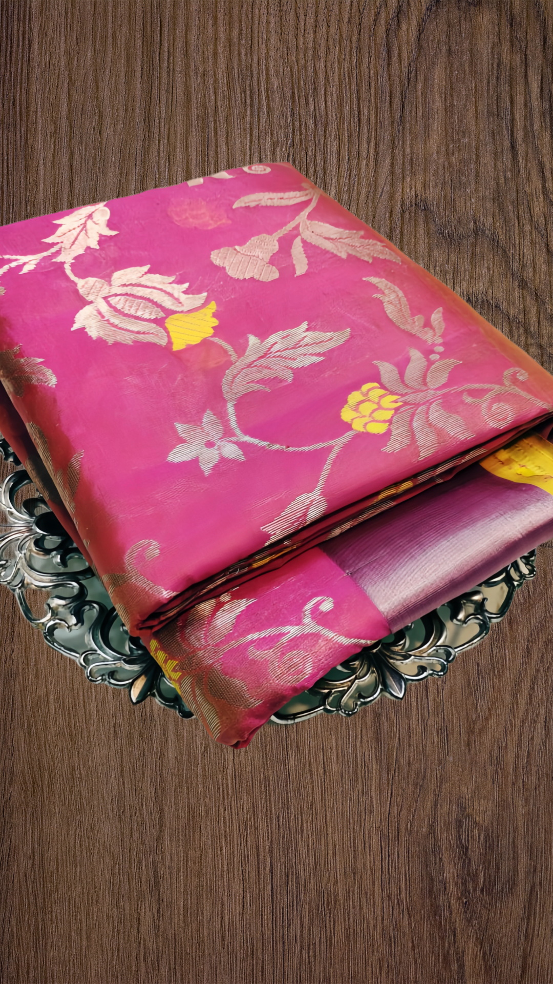 Pure silk Chanderi Pink and yellow butti saree- all over jaal