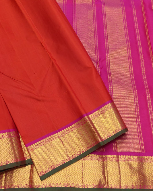Radiant red orange Kanchipuram silk saree with raspberry pink traditional zari border – USA