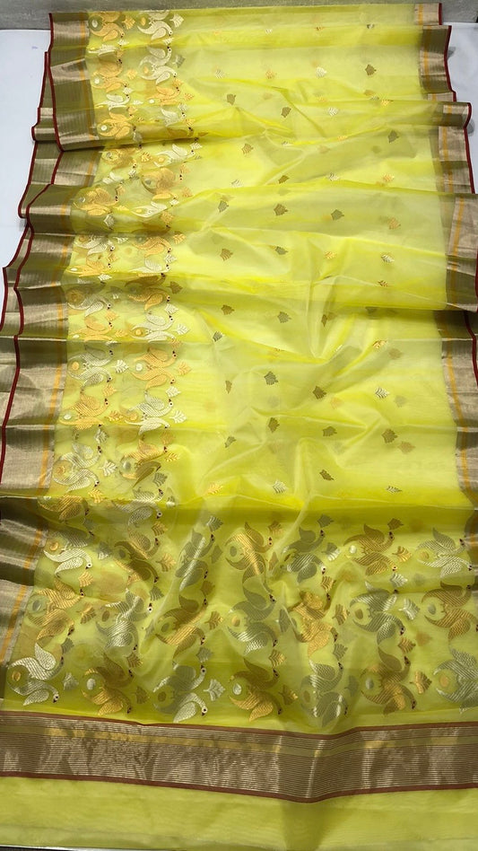 Pure silk Chanderi handloom yellow with sona roopa parrot motif in maroon